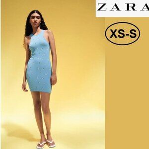 Nwt - Zara Seamless Embroidered Dress In Blue. Size: Xs-S.